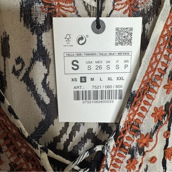 Zara Embroidered Ikat Print Midi Caftan Dress Small NWT
